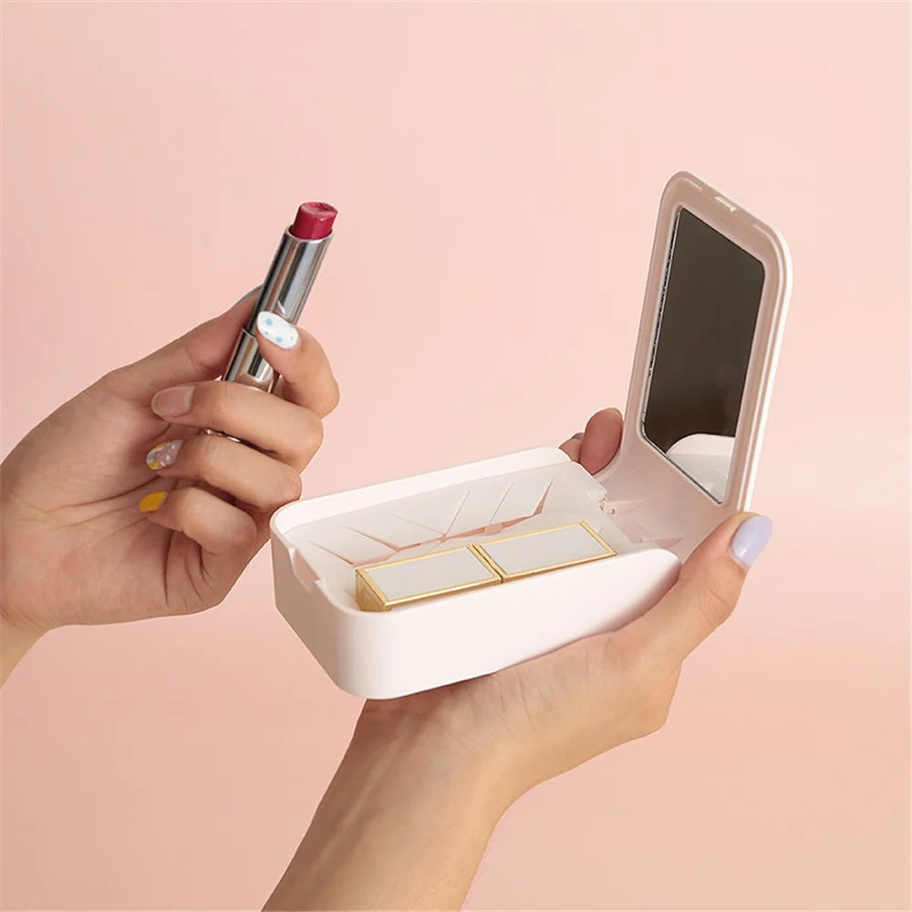 ABS+Silicone Makeup Lipstick Storage Box Container Gift Portable Lip Cream Case Holder with Mirror for Women Girls - Pink - 2