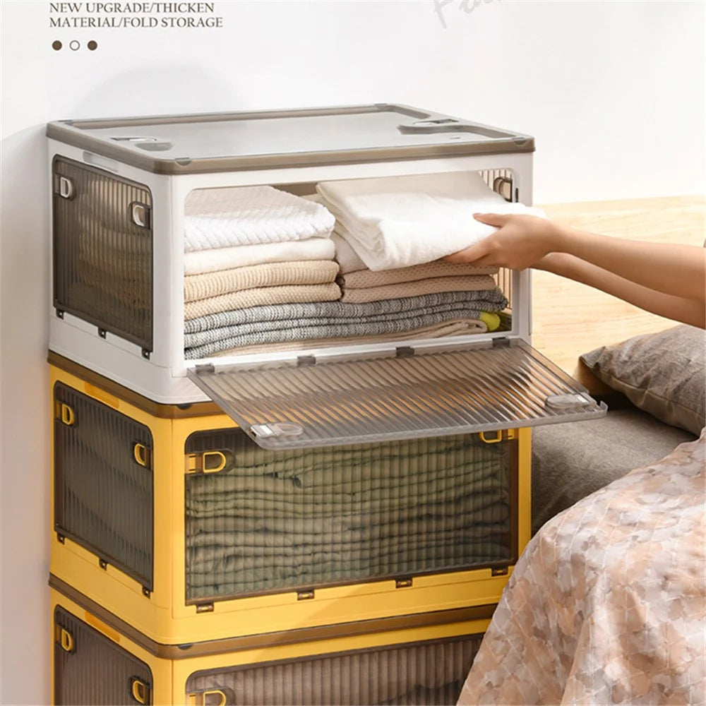 56L 5-Sided Door Opening Folding Plastic Storage Bin Transparent Removable Pulley Stackable Box, Size L - Green - 2