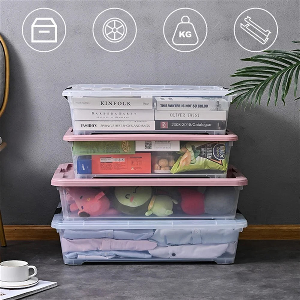 25L Household Clothes Quilt Organizer Transparent Plastic Underbed Storage Box with Wheels, Size M - 2