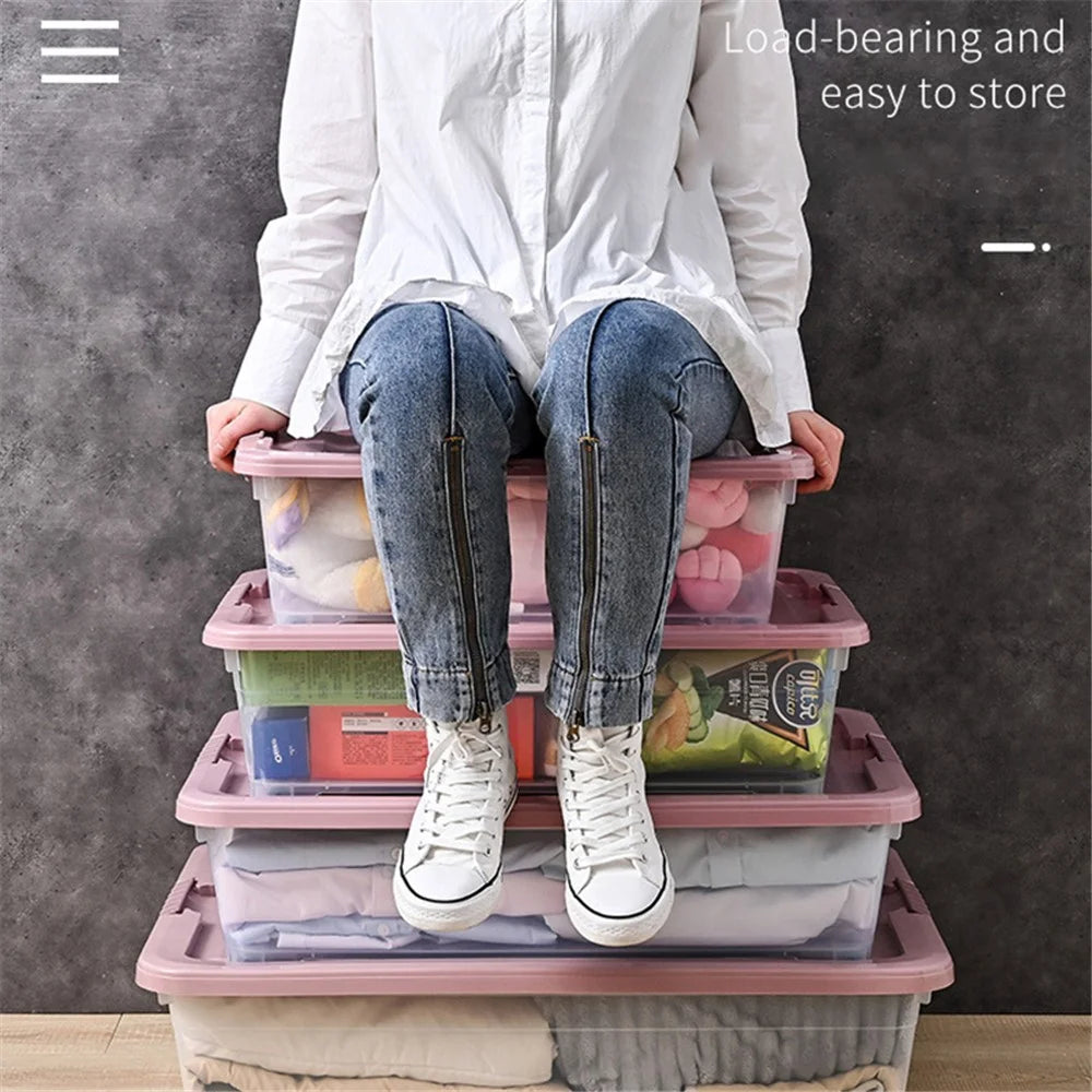 25L Household Clothes Quilt Organizer Transparent Plastic Underbed Storage Box with Wheels, Size M - 4