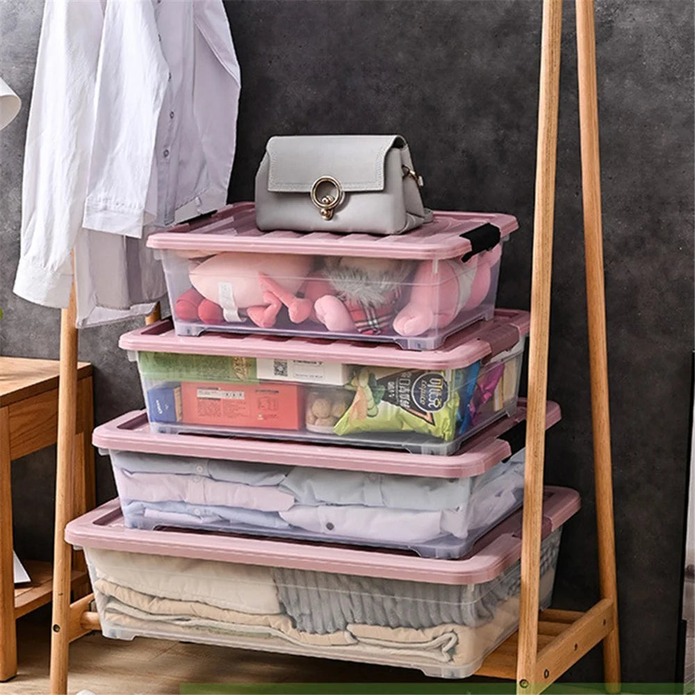 25L Household Clothes Quilt Organizer Transparent Plastic Underbed Storage Box with Wheels, Size M - 5