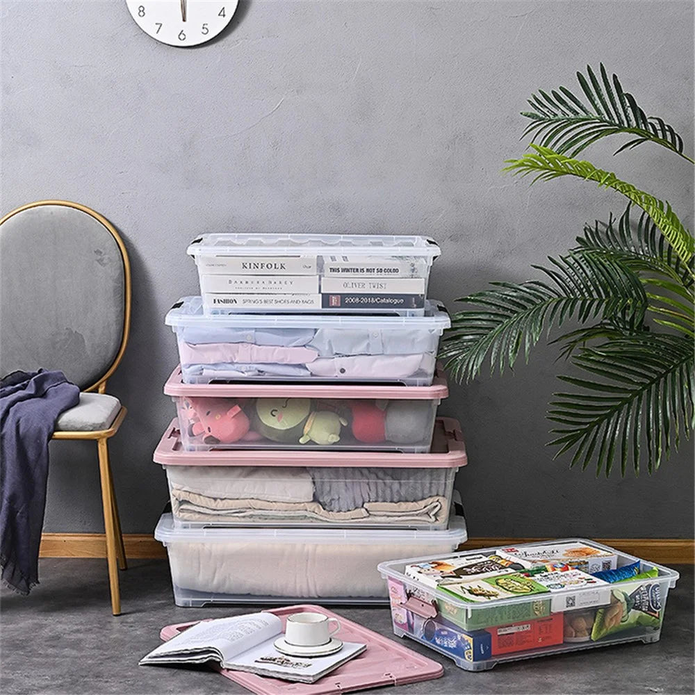 25L Household Clothes Quilt Organizer Transparent Plastic Underbed Storage Box with Wheels, Size M - 6