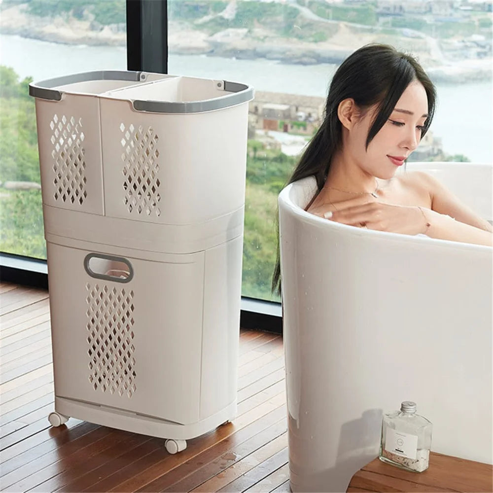 F867 PP Laundry Basket Dual Layer Standing Cloth Basket with Rolling Wheel - 6