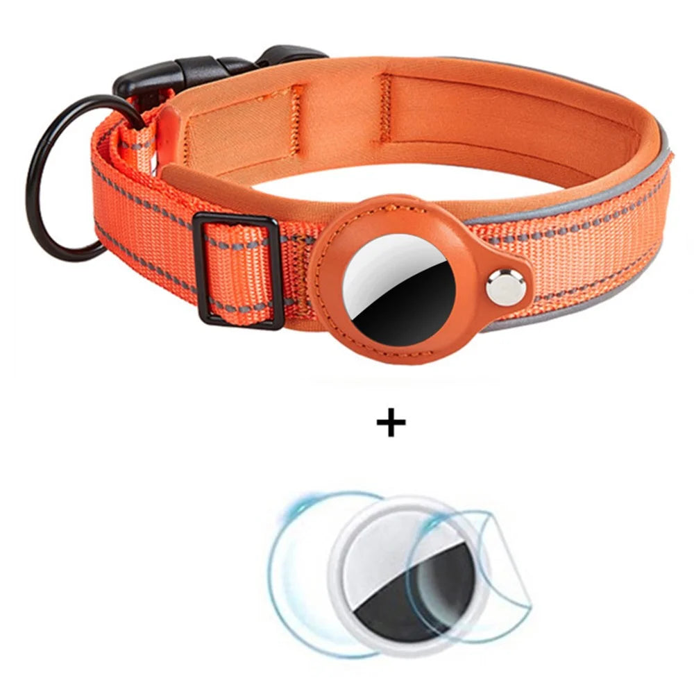 Reflective PU Leather Pet Dog Collar for AirTag Bluetooth-compatible Tracker Holder Case, Size: S - Orange - 1