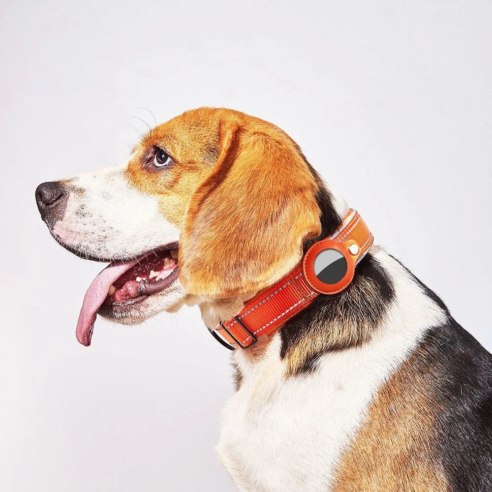 Reflective PU Leather Pet Dog Collar for AirTag Bluetooth-compatible Tracker Holder Case, Size: L - Orange - 2