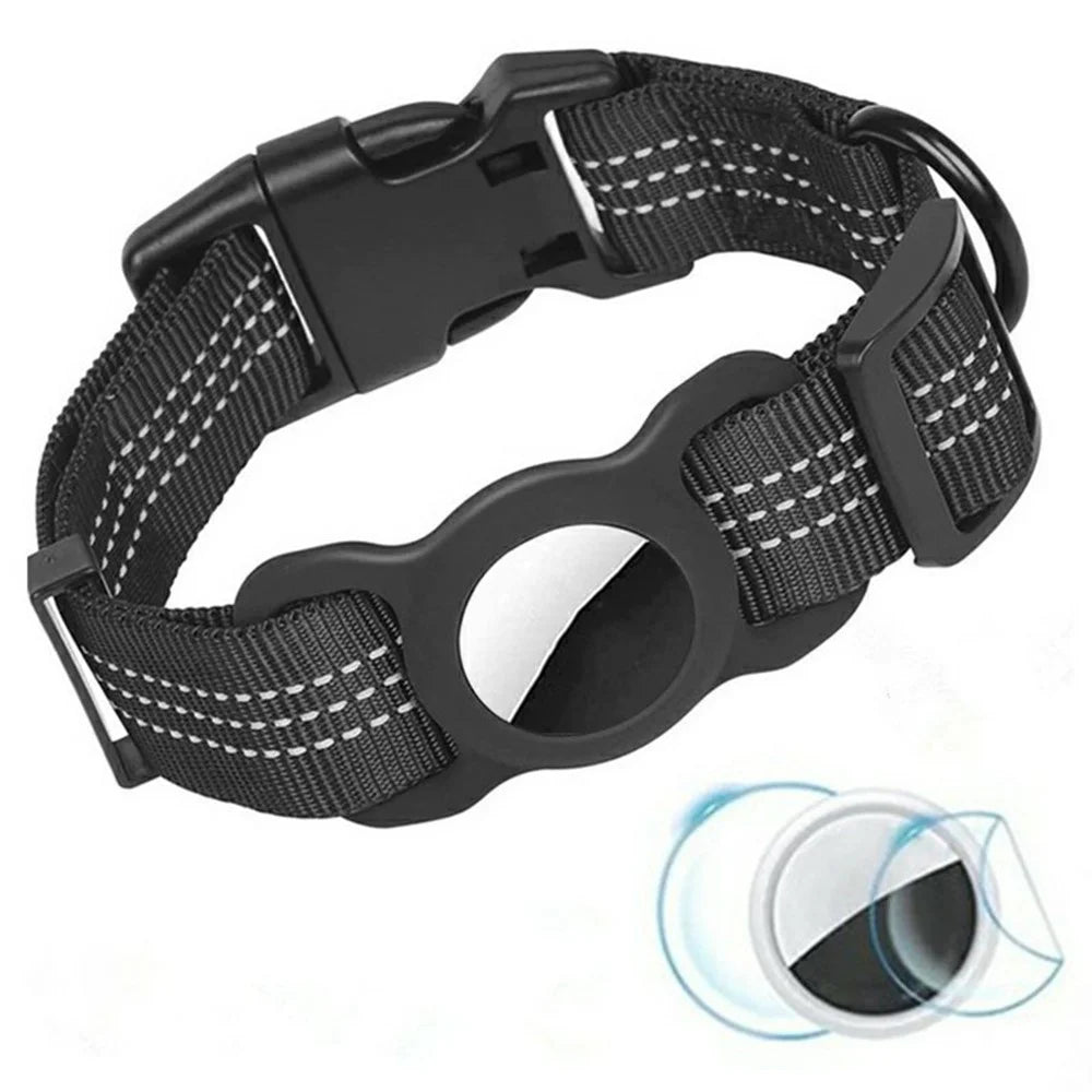 Reflective Nylon Pet Dog Collar for AirTag Bluetooth-compatible Tracker Silicone Case, Size: M - Black - 1