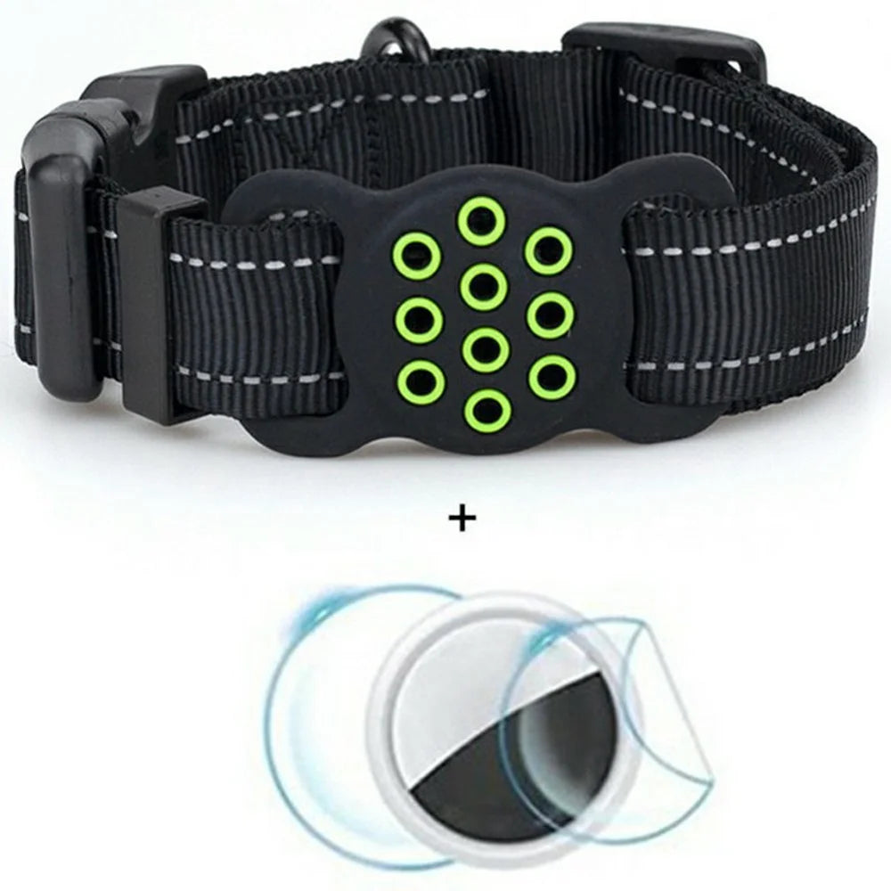 Reflective Nylon Dog Collar for AirTag Tracker Colorful Silicone Case with Protective Film, Size: M - Black - 1