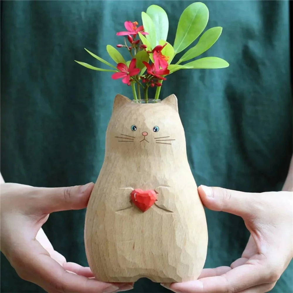 Cat Holding Heart Flower Vase Resin Ornament Home Decor Gift - 3
