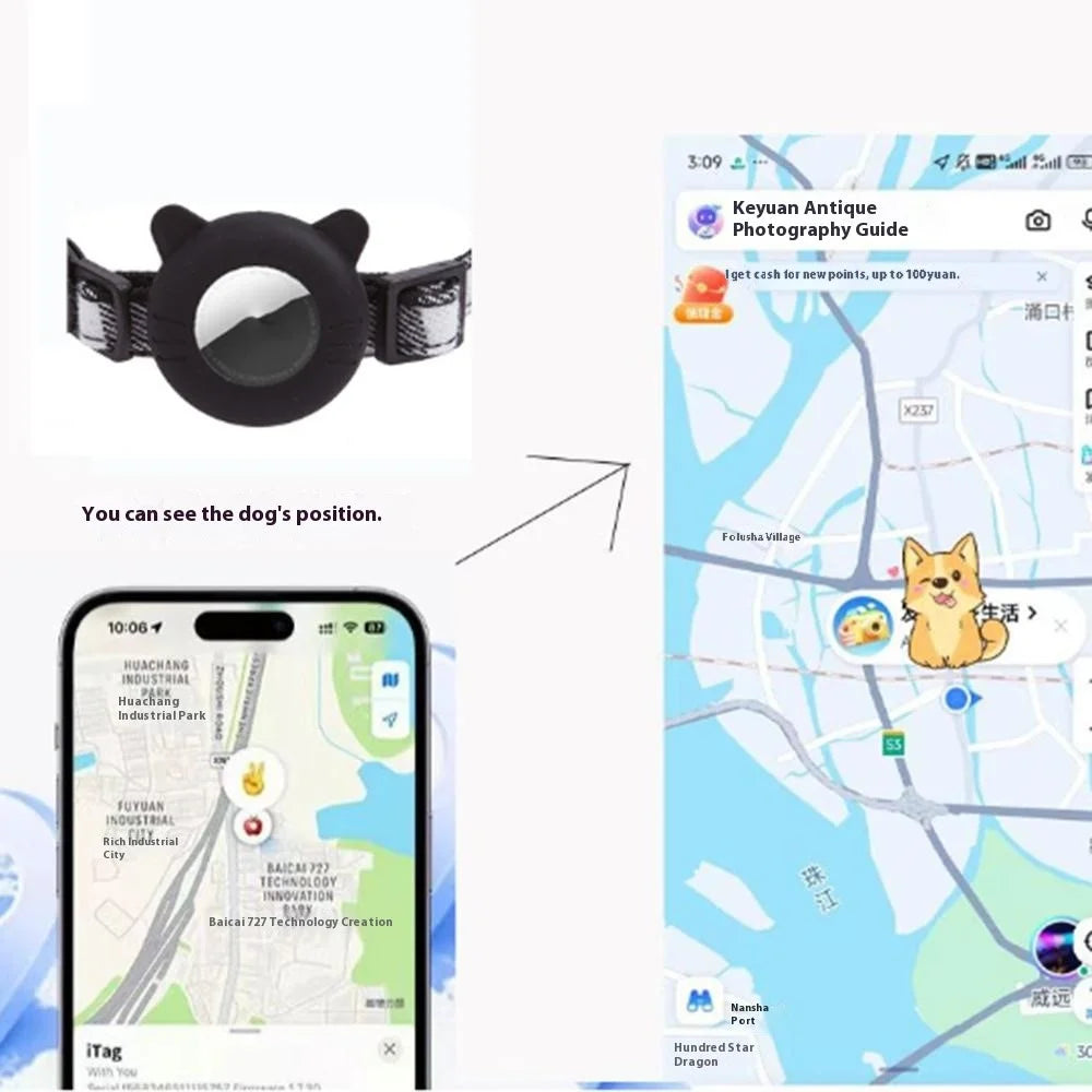 For AirTag Tracker Protector Cat Ear Design Silicone Case Pet Collar with ID Address Tag - Black - 3