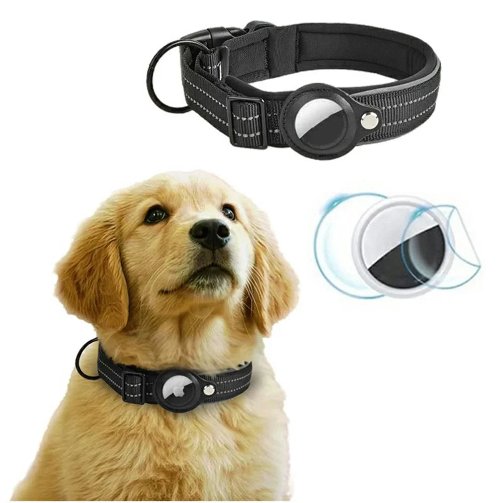 Reflective PU Leather Pet Dog Collar for AirTag Smart Tracker Holder Case, Size: XL - Black - 1