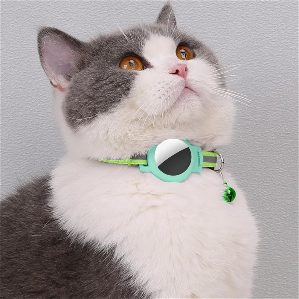 Silicone Case for AirTag Reflective Nylon Pet Collar GPS Tracker Cover with Bell Pendant - Fluorescent Green+Green - 2