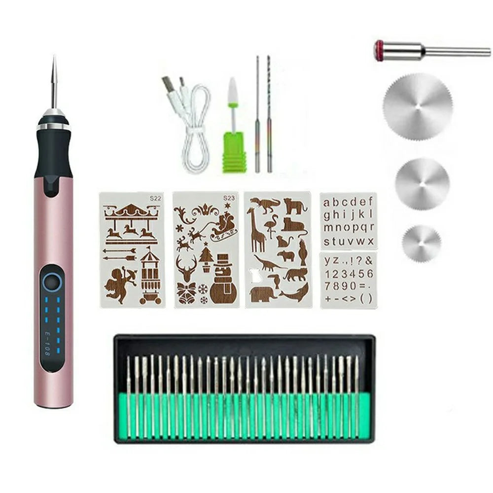 Mini Lithium Electric Grinder Cordless Drilling Carving Polishing Grinding Machine Electric Grinding Pen Set with Carving Templates - Rose Gold - 1