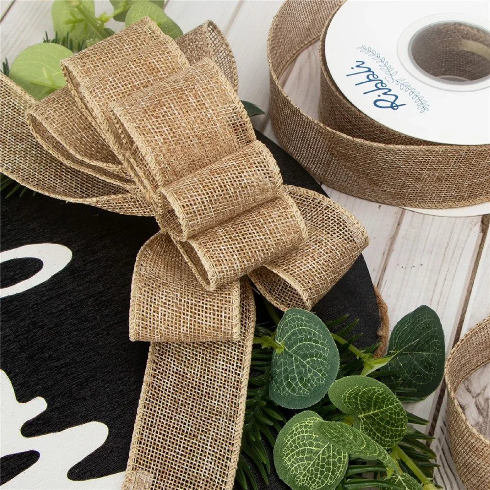 25mm Width Artificial Burlap Ribbon with Wired Edge Christmas Gift Packing DIY Crafts Wrapping Material - 7