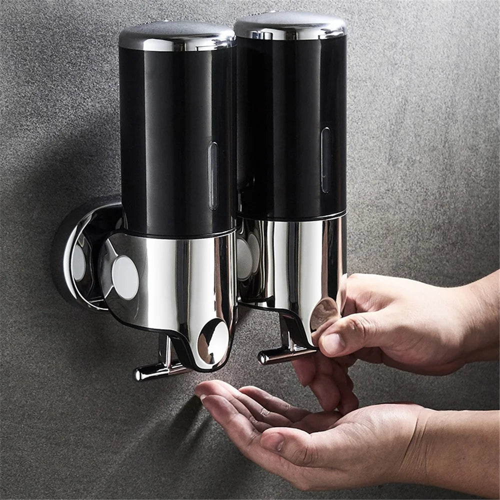 Double Head Soap Dispenser 1000ml Capacity Stainless Steel Manual Push Shampoo Shower Pump - Black - 2