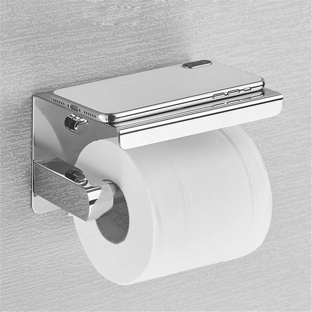 K56 Toilet Paper Holder with Phone Shelf 201 Stainless Steel Tissue Roll Stand for Bathroom Kitchen Washroom - 3