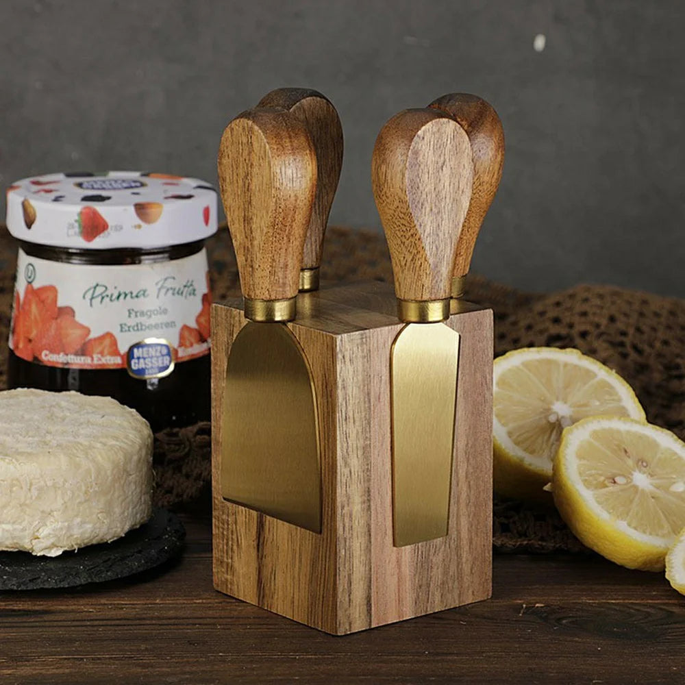5Pcs Cheese Kitchen Knife Set 420 Stainless Steel Acacia Wood Handle Cutting Tool Kit with Magnetic Stand - QS01A35 / Silver - 7