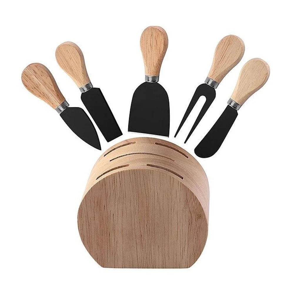6Pcs Rubber Wood Handle Stainless Steel Cheese Knife Set with Storage Base for Kitchen Restaurant (BPA Free, No FDA) - Black - 2