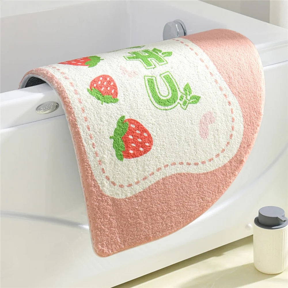 40*60cm Semicircle Bath Mat Furry Bathroom Rug Water Absorbent Floor Carpet - Strawberry / Pink - 5