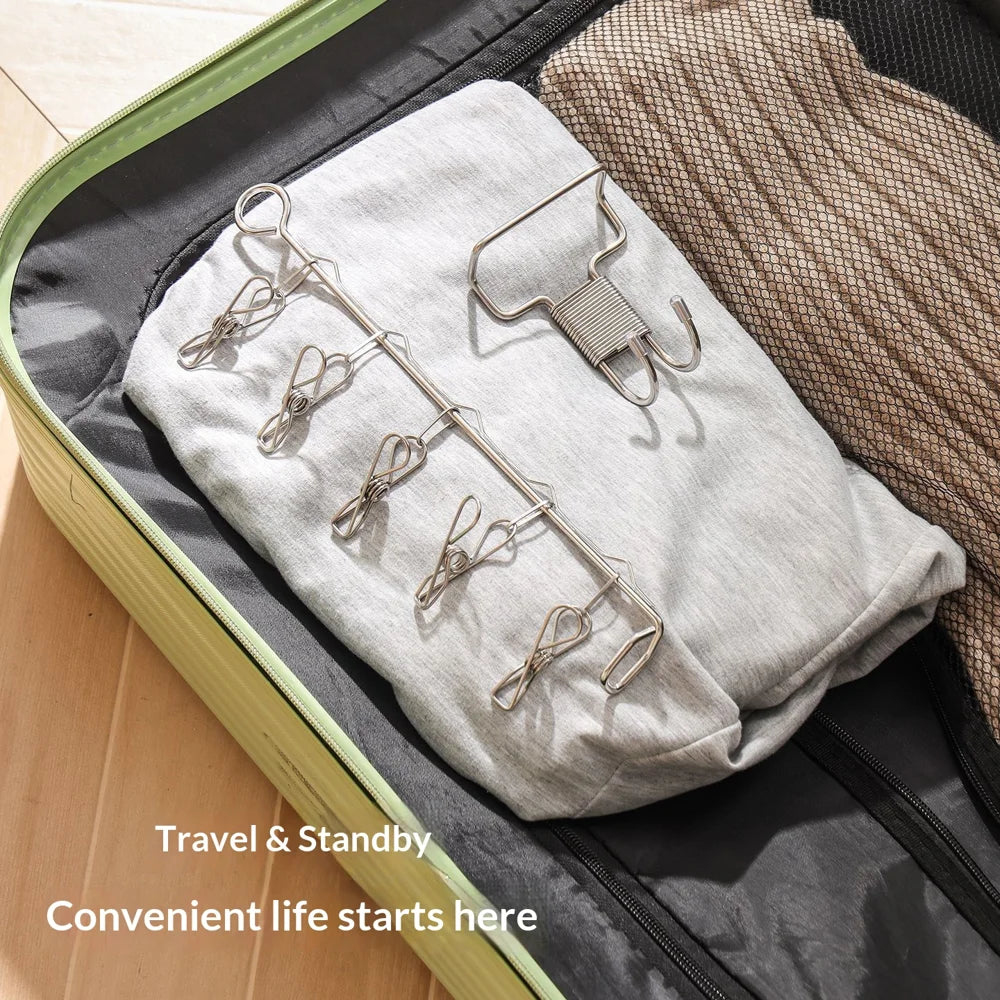 Stainless Steel Foldable Clothes Hanger Portable Travel Laundry Rack with 5 Clips for Hotel Dorm - 4