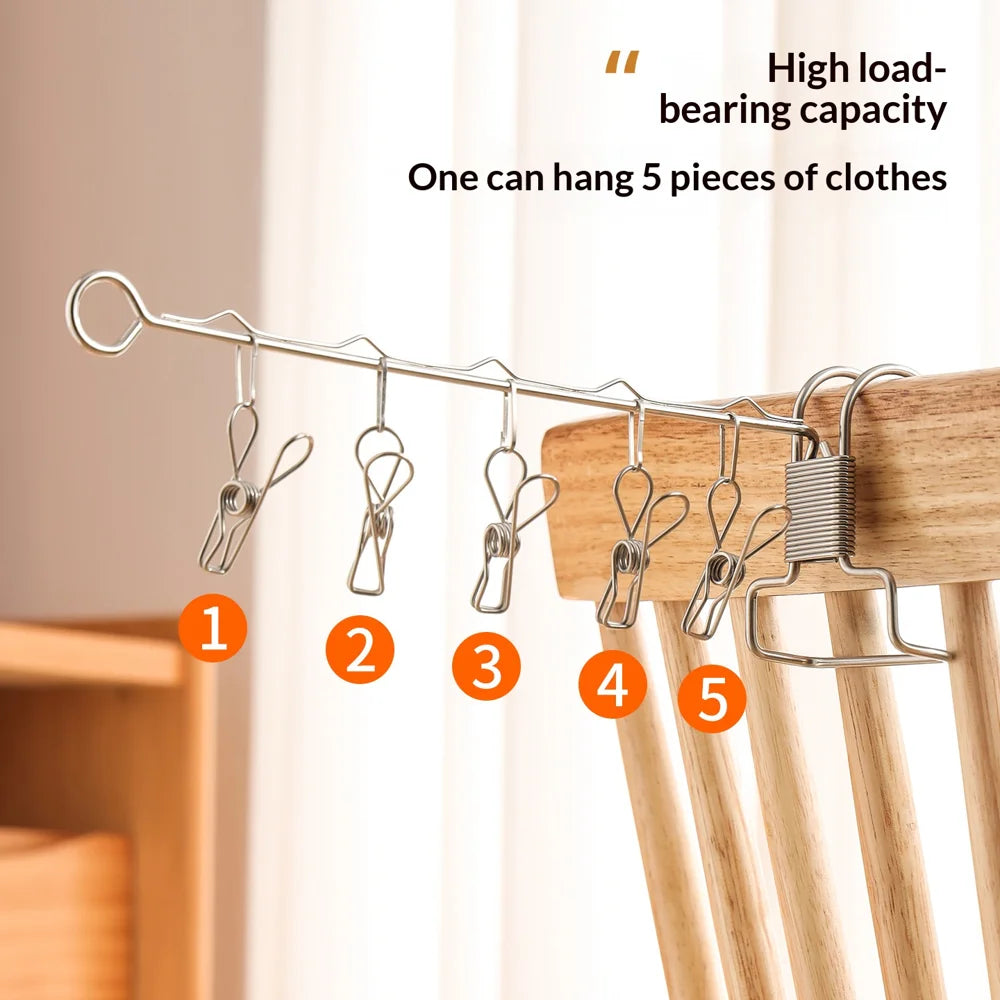 Stainless Steel Foldable Clothes Hanger Portable Travel Laundry Rack with 5 Clips for Hotel Dorm - 5