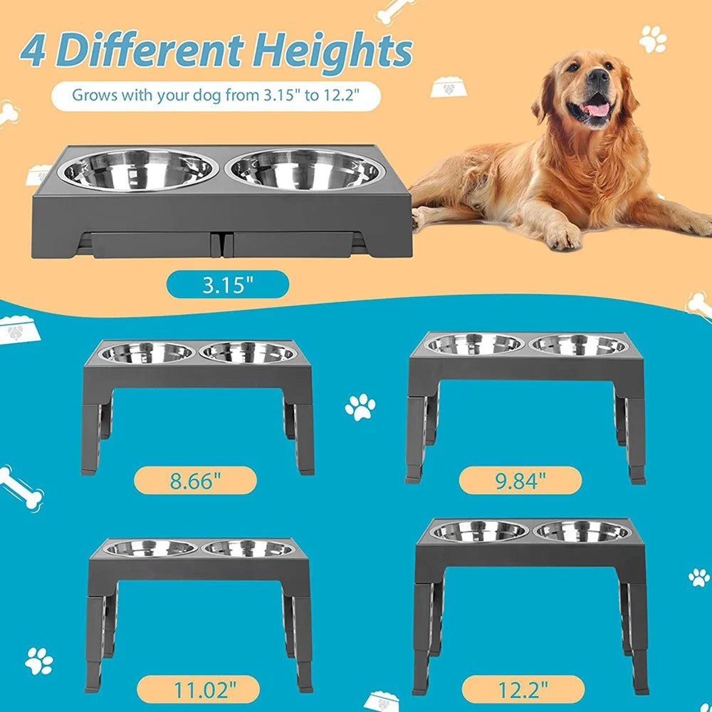 Pet Dog Puppy Bowl Raised 4 Adjustable Heights Stainless Steel Bowl + ABS Rack Holder Stand (BPA-Free, No Certified) - Grey - 2