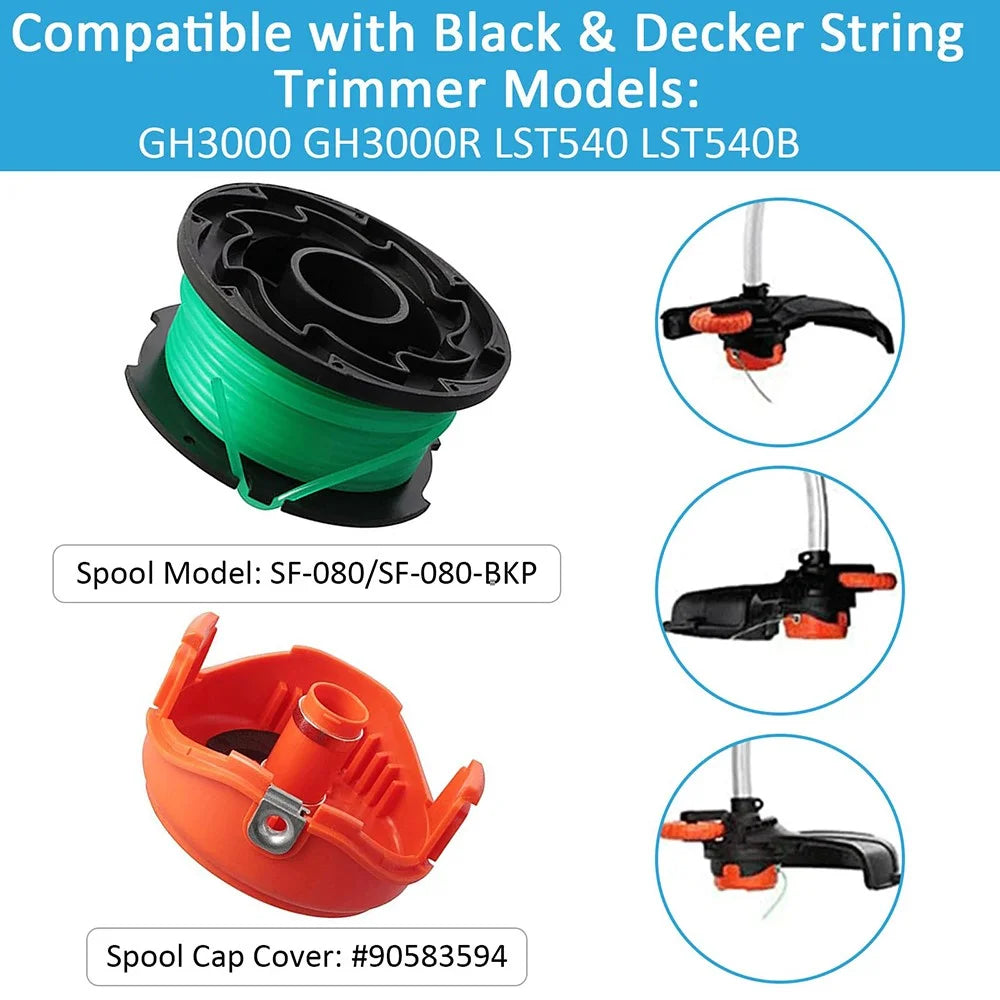 1Pc Replacement Spool + Spool Cap for Black & Decker GH3000  /  GH3000R  /  LST540  /  LST540B Lawn Mower Spare Part, SF-080-BKP / 90583594 - 2