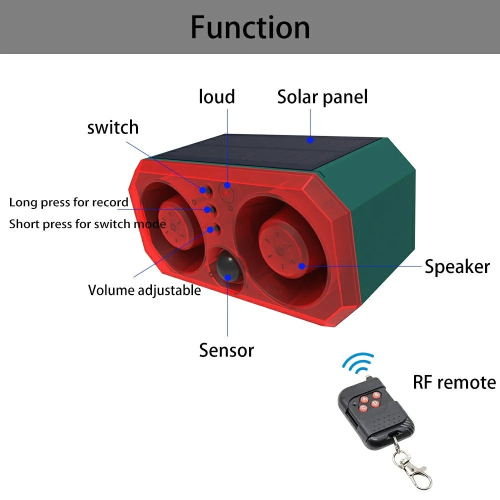 N911T Solar Powered Animal Repellent Dual Speaker Alarm System Motion Sensor Flashing Red Blue Light - 2