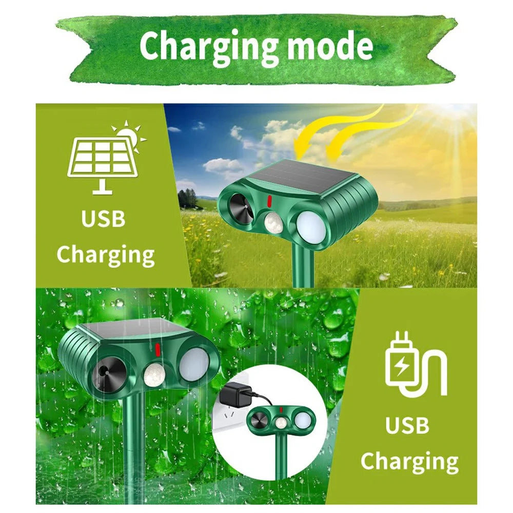 574B PIR Solar Ultrasonic Animal Repeller 18-60kHz IPX4 Waterproof with LED Flash for Outdoor - Green - 3