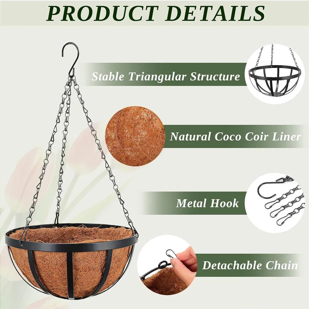 001-YZ01 12-inch Flower Pot Decorative Hanging Planter Basket with Coir Liner (Round Shape) - 3