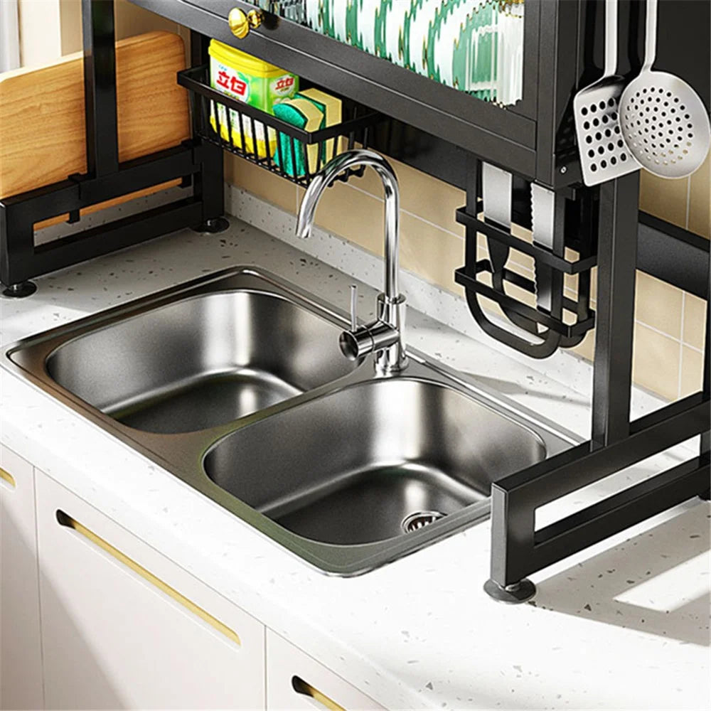 006-SCJ-6838C-105 Over Sink Dish Drying Rack 2 Tier Kitchen Counter Bowls Plates Holder with Door - Black - 4