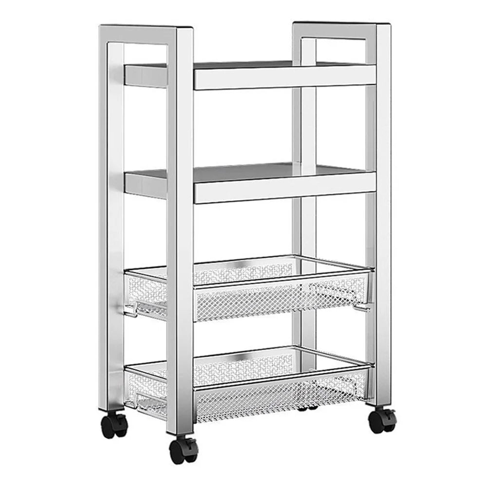 005JGL1036 Storage Trolley Shelf 4-Tier Slide Out Rolling Utility Cart Organizer - 2 Mesh Tier+2 Board - 1