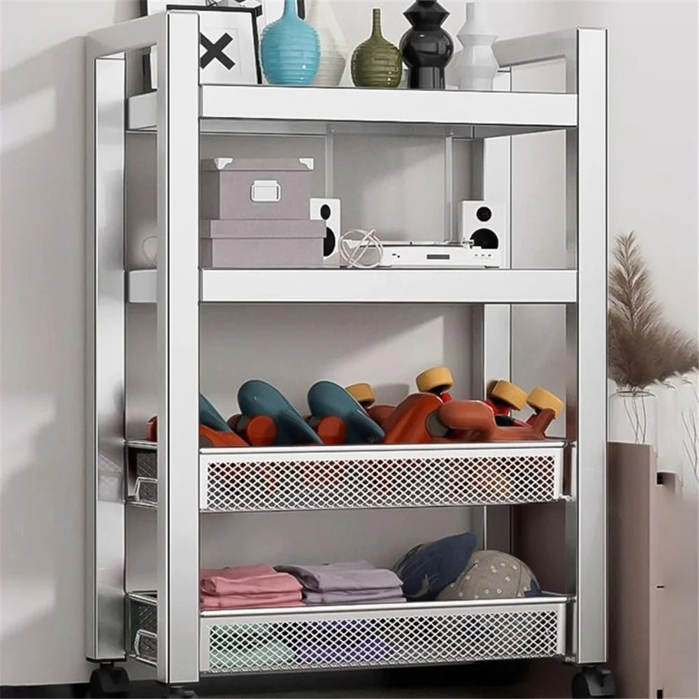 005JGL1036 Storage Trolley Shelf 4-Tier Slide Out Rolling Utility Cart Organizer - 2 Mesh Tier+2 Board - 7