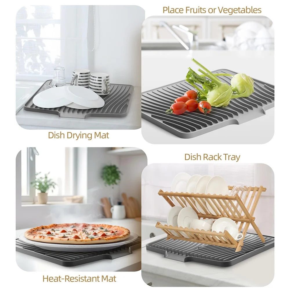 40x30cm Silicone Dish Drying Mat with Drain Lip, Heat-Resistant Dish Draining Mat - Grey - 7