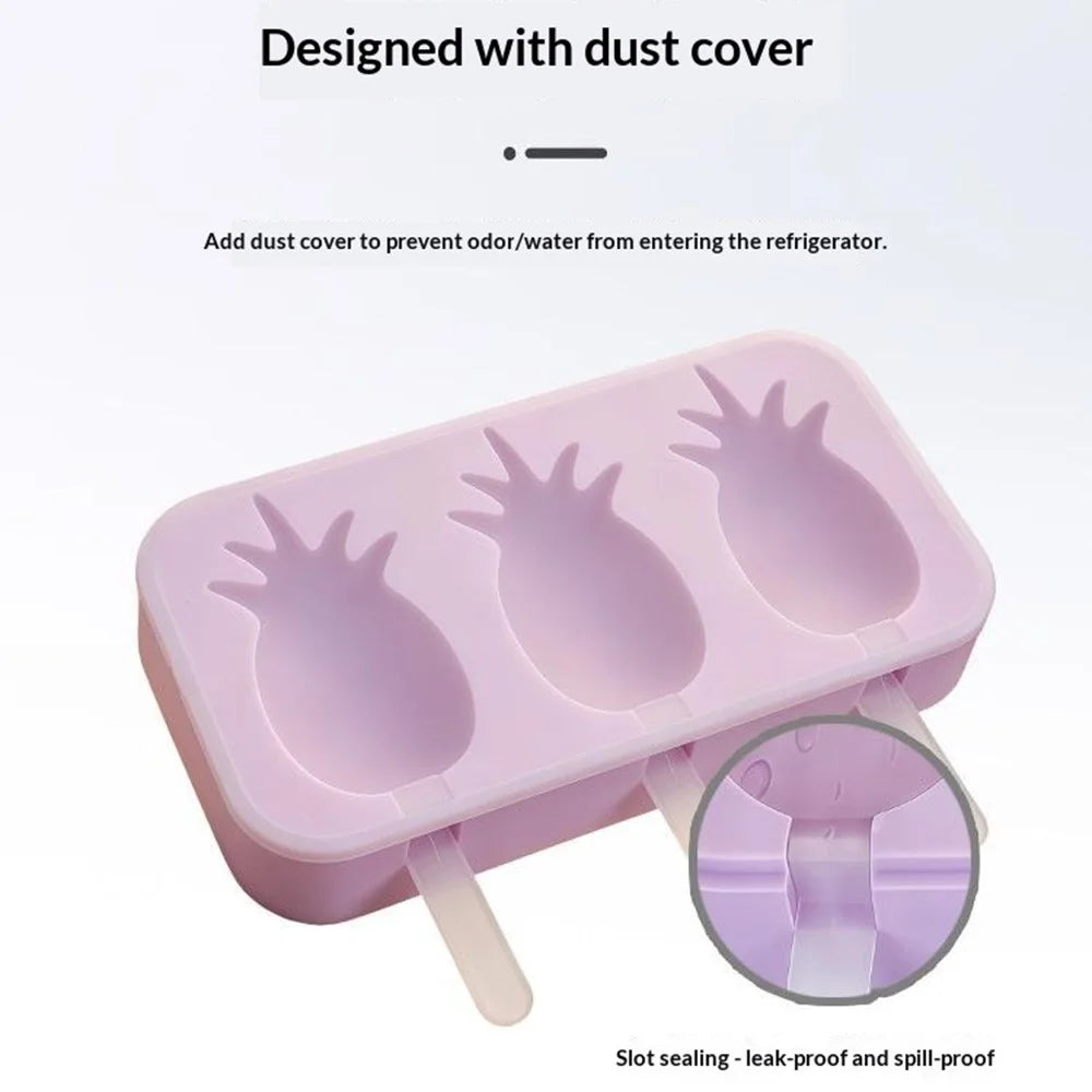 Silicone Ice Cream Popsicle Molds 3-Cavity Fruit-Shaped DIY Frozen Treats Maker with Lid (No FDA, BPA Free) - Pineapple  /  Purple - 6