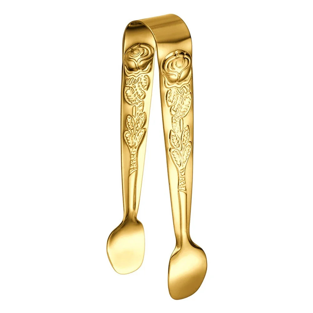 304 Stainless Steel Rose Pattern Mini Food Tongs Ice Cube Clip (BPA Free, No FDA) - Gold - 2