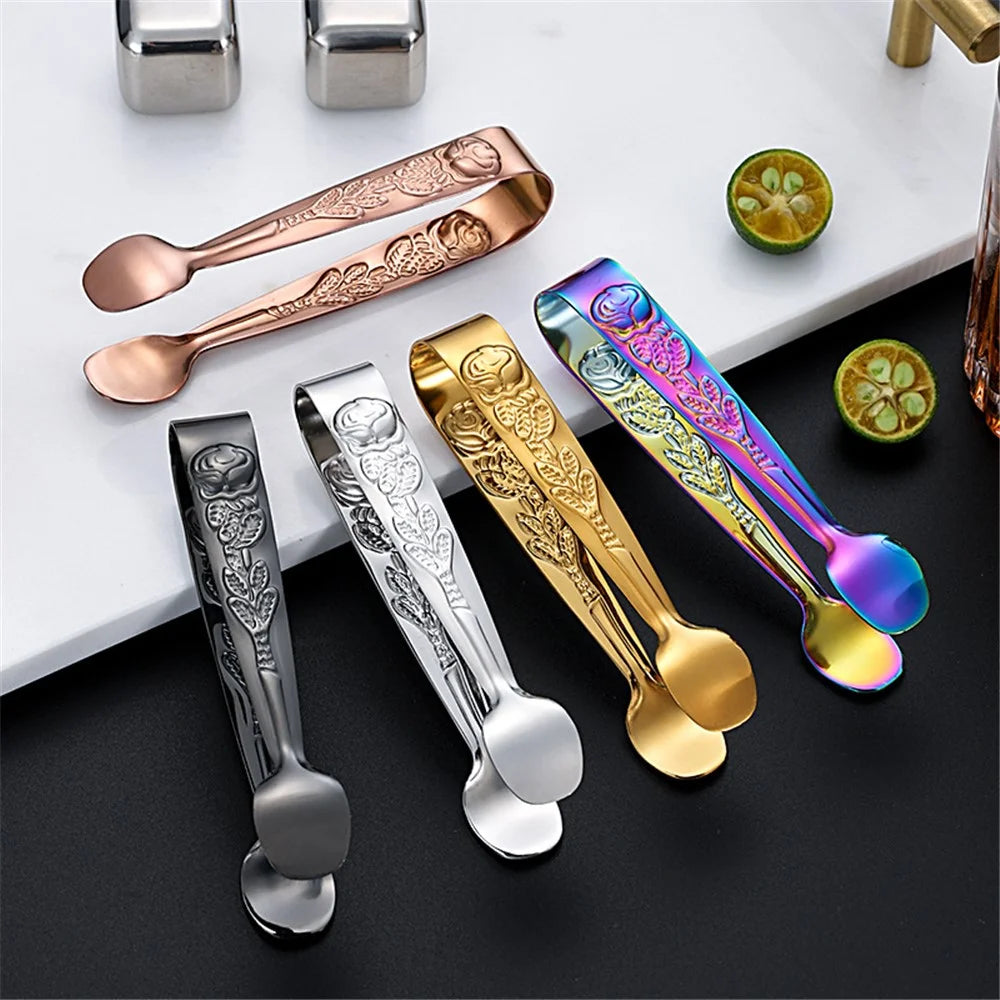 Retro Rose Pattern Ice Cube Clip 304 Stainless Steel Mini Food Tongs (BPA Free, No FDA) - Black - 2