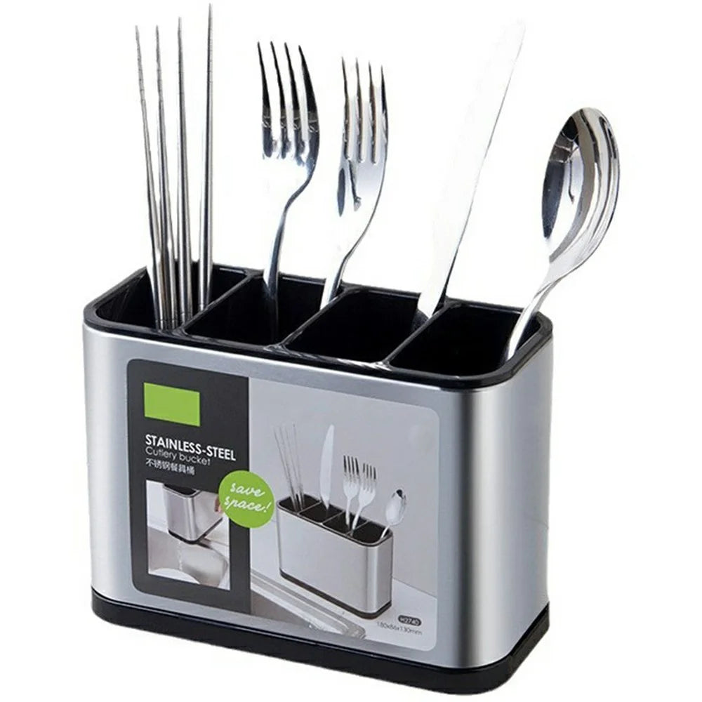 Stainless Steel Shell Kitchen Utensil Holder 4 Grids Cutlery Organizer Non Slip Drainage Bucket - 2