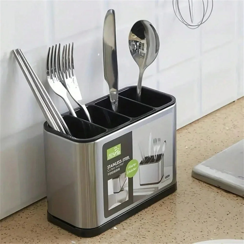 Stainless Steel Shell Kitchen Utensil Holder 4 Grids Cutlery Organizer Non Slip Drainage Bucket - 4