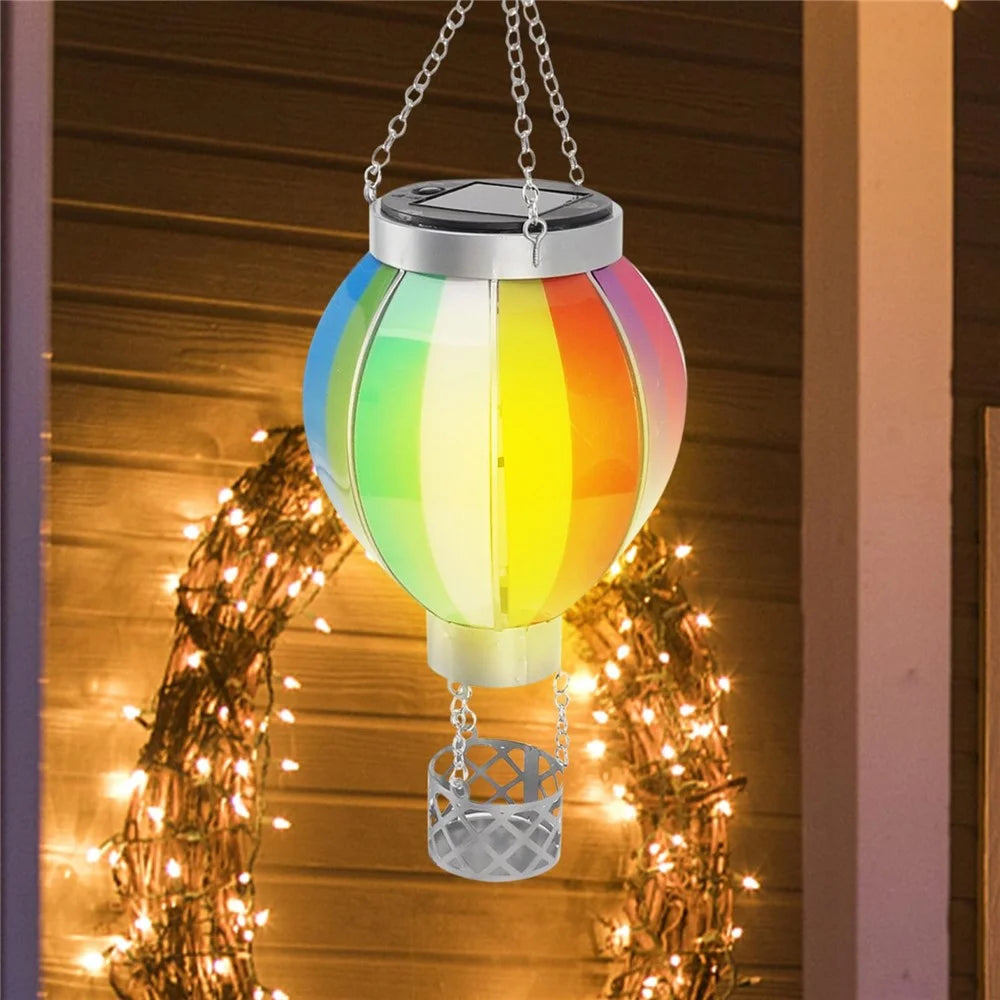 Solar Powered Hanging Lantern Outdoor Garden Hot Air Balloon Shape Patio Decor, Size L - Rainbow - 2