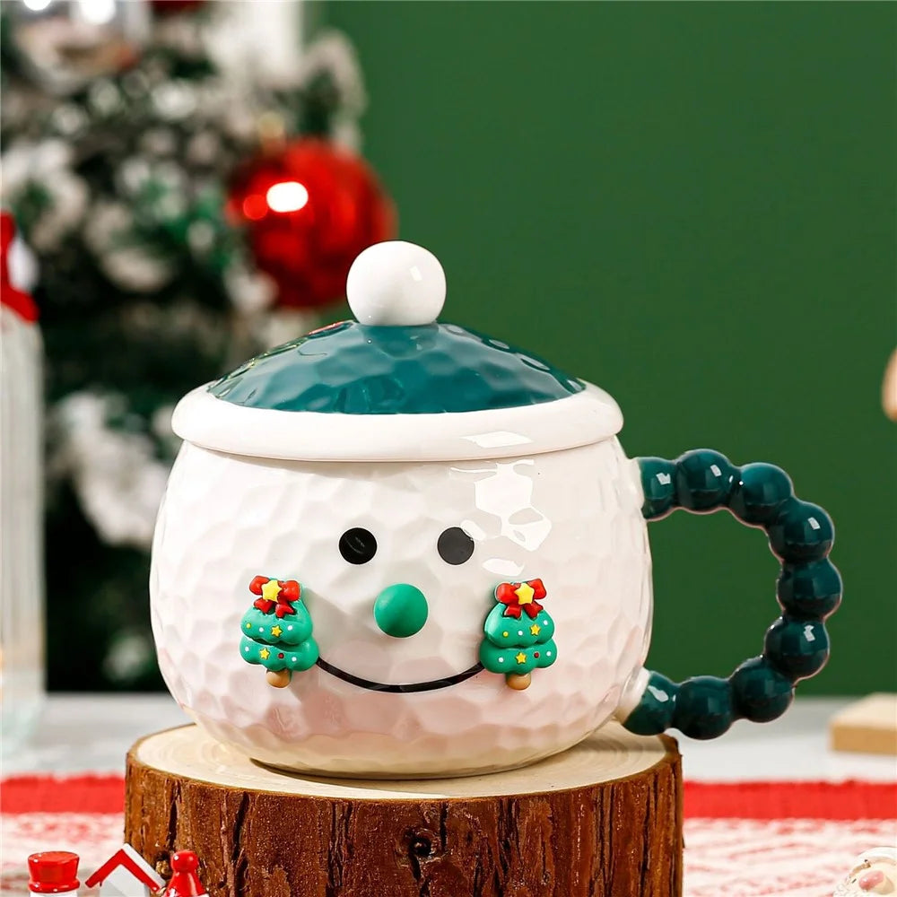 Creative Christmas Cartoon Ceramic Mug with Lid 420ml Coffee Cup for Holiday Gift - Green - 2