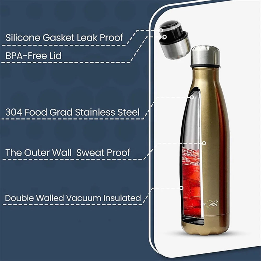 JUNSUNMAY 750ml 304 Stainless Steel Double Layer Insulated Cup Office School Gym Water Bottle (BPA-Free, No FDA Certification) - Black - 3