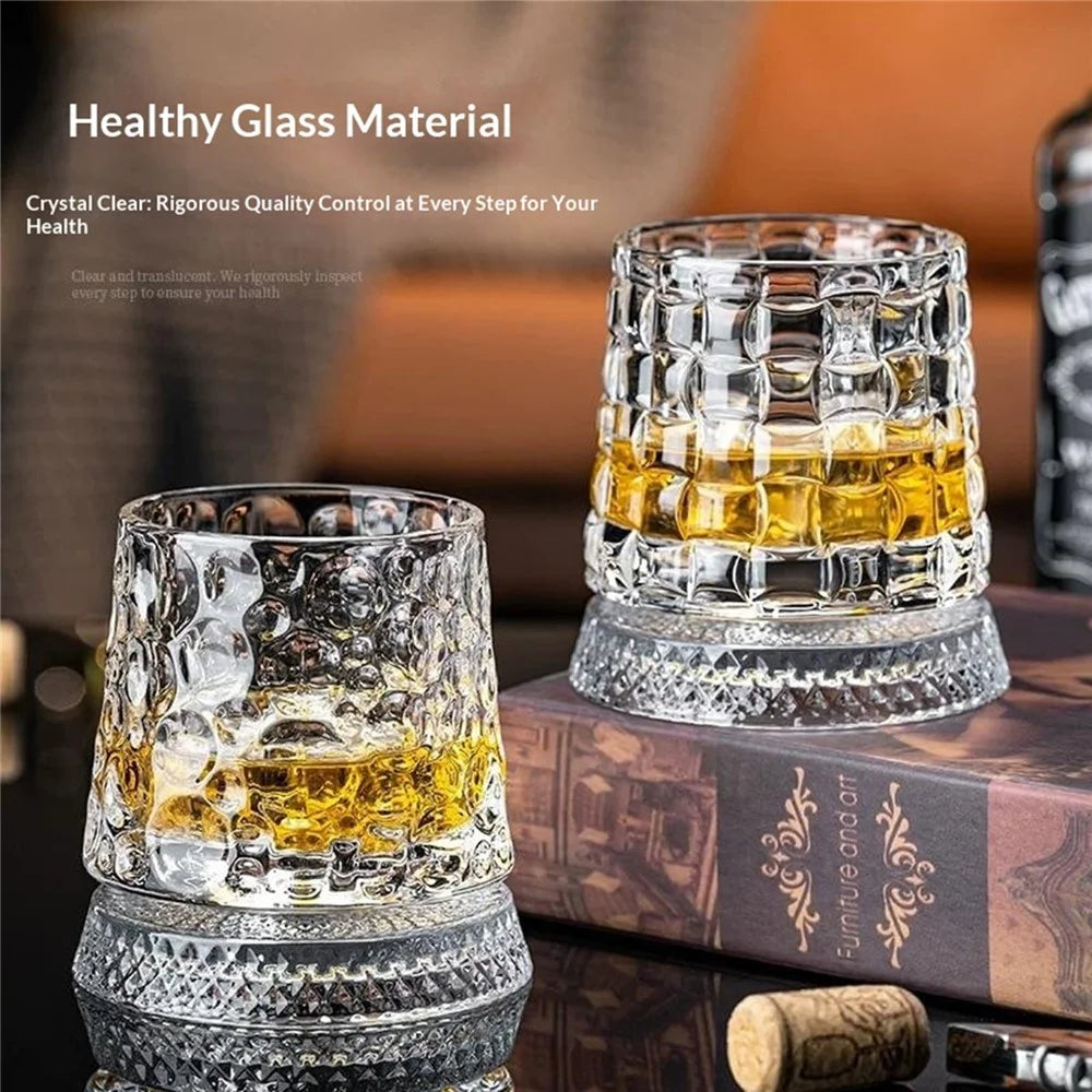 270ml Spinning Whiskey Glass Rotating Base 3D Embossed Pattern Crystal Glass Cup (BPA Free, No FDA) - Style A - 3