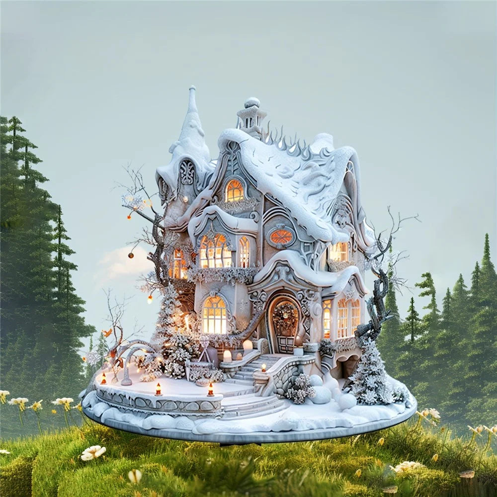 Christmas Snow House Sign Acrylic Waterproof 2D Winter Holiday House Potted Plants Ground Plug - 2