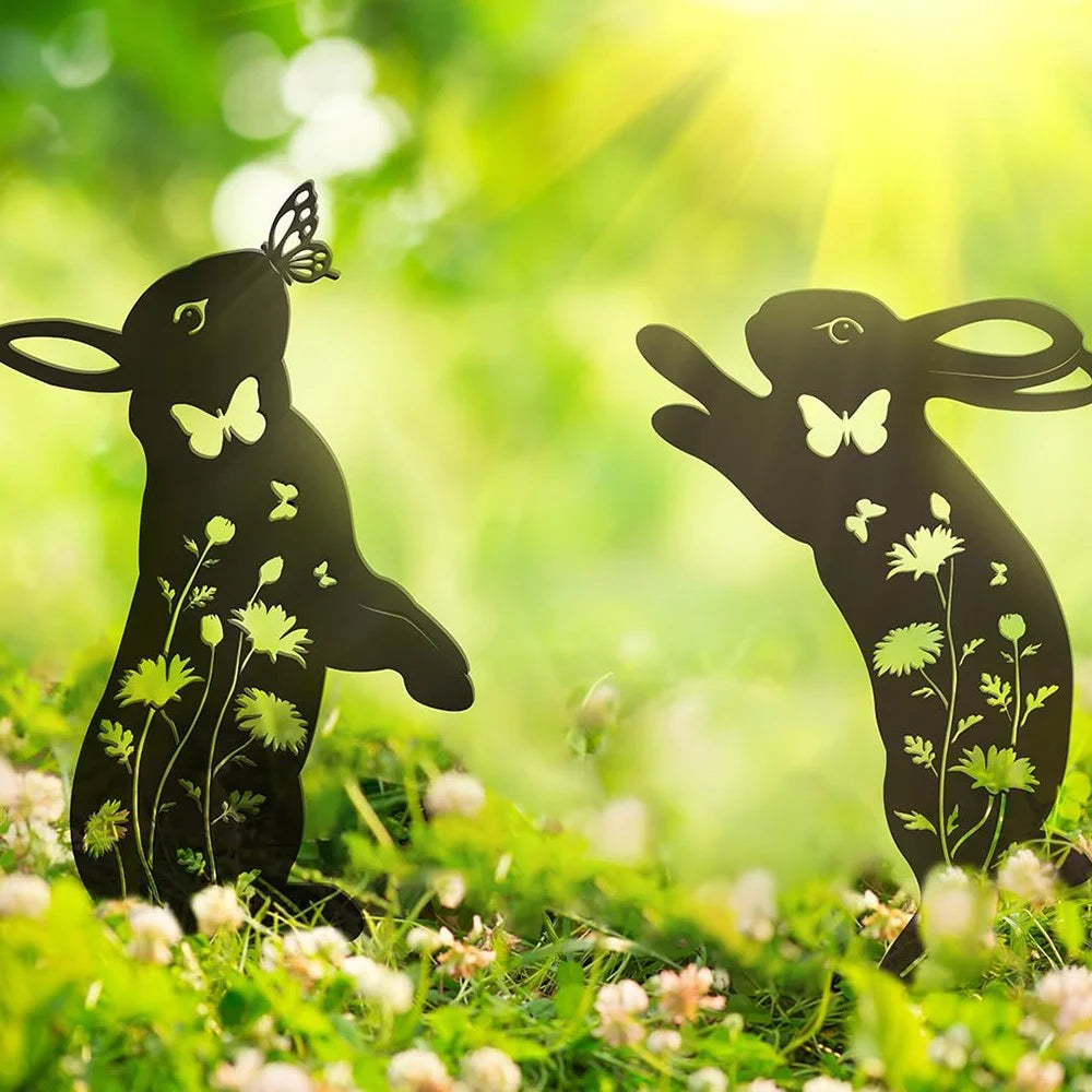 2PCS Hollow-Out Iron Garden Decor Stake Yard Art Decoration for Patio, Lawn - Rabbit - 2