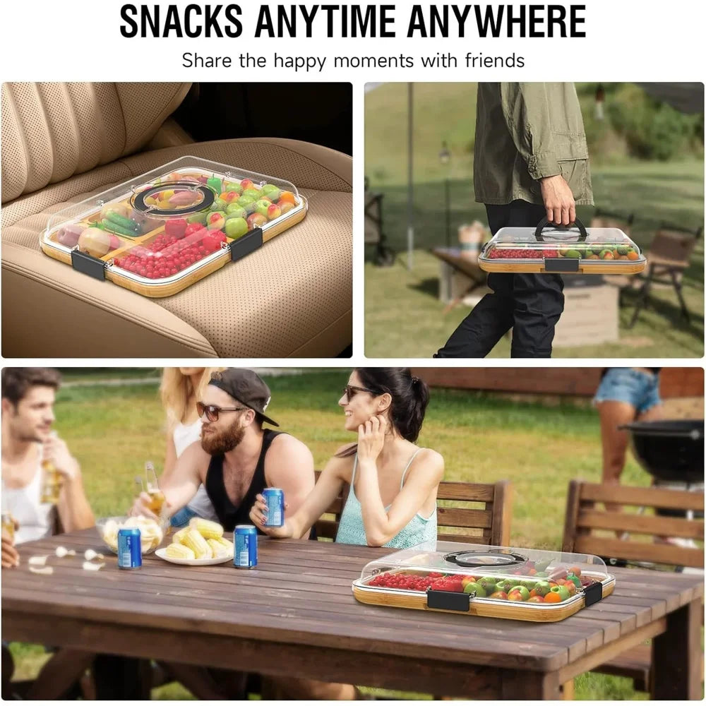 Multifunctional Fruit Tray with Lid 6 Compartments Bamboo Serving Platter for Outdoor Camping Picnic (BPA Free, No FDA) - Natural Color - 7