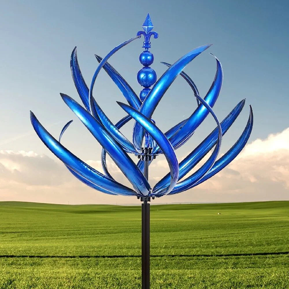 Metal Garden Wind Spinner Outdoor Yard Art Kinetic Sculpture Halow Twirler Iron Windmill with Ground Stake - Blue - 1