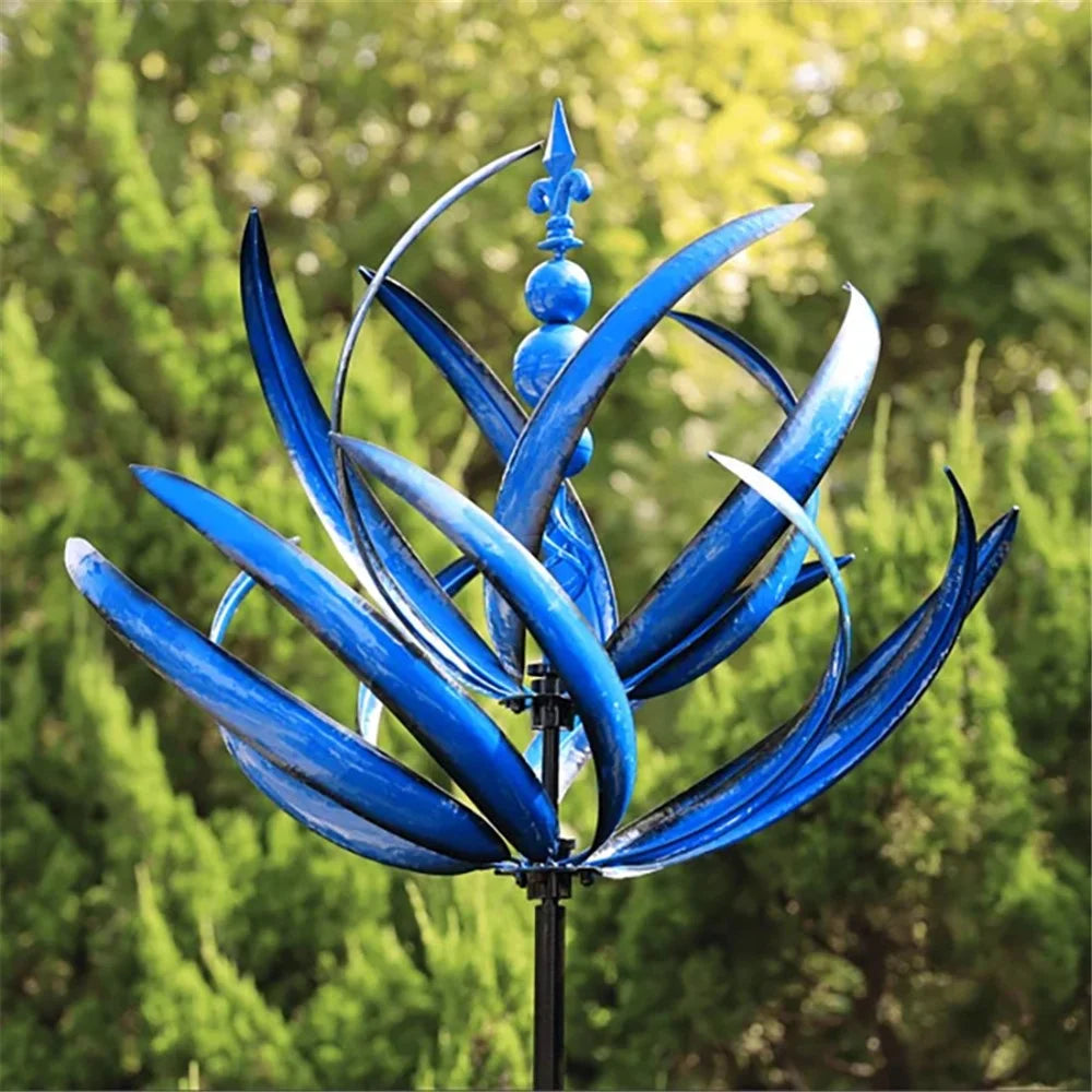 Metal Garden Wind Spinner Outdoor Yard Art Kinetic Sculpture Halow Twirler Iron Windmill with Ground Stake - Blue - 5