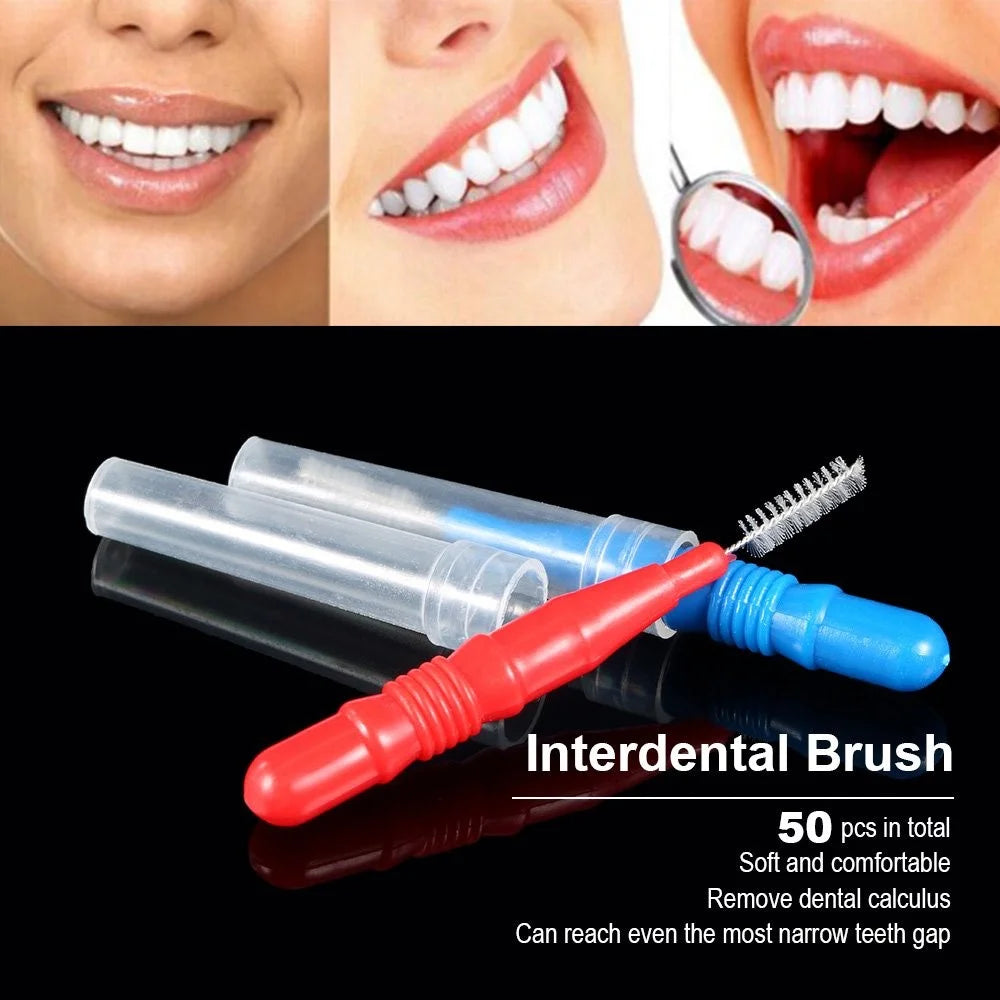 50Pcs Retractable Interdental Brushes Teeth Gap Cleaning Soft Bristles Interdental Brushes - Red+Blue - 2