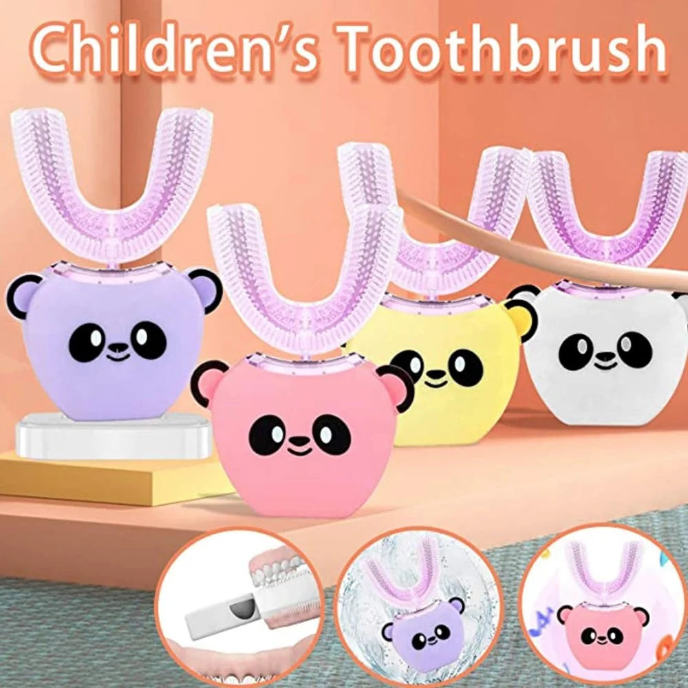 Cartoon Panda U Shaped Electric Toothbrush for Children Silicone Bristles Rechargeable Toothbrush - Pink - 6