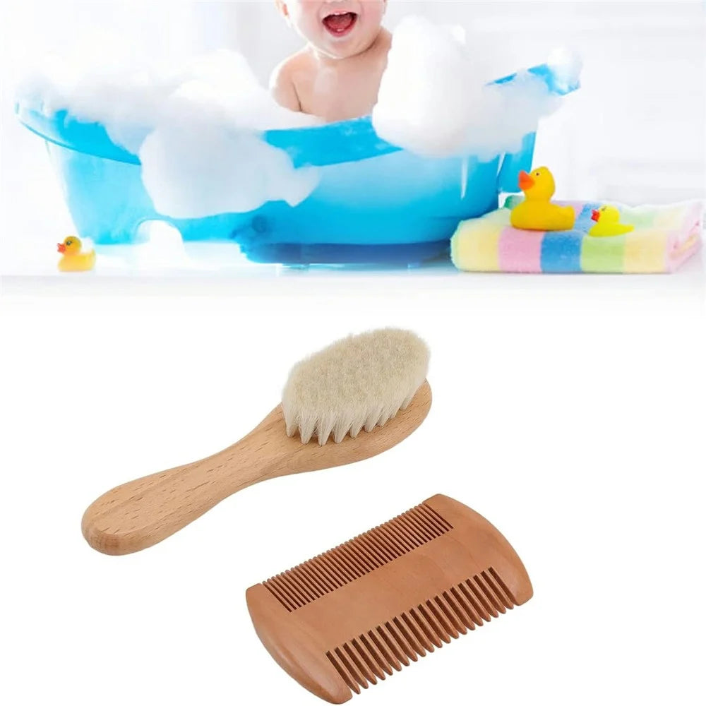 Small Baby Wool Brush and Double-Sided Comb Set Natural Soft Goat Hair Grooming Kit for Scalp Massage - 2